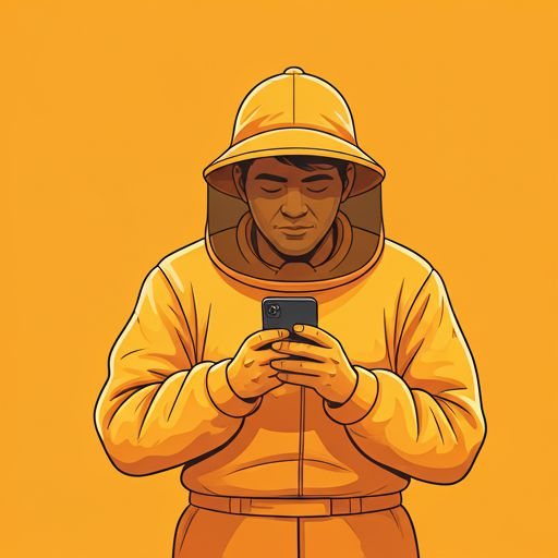 Beekeeper in white suit inspecting a honeycomb frame with Apista open on a smartphone in a sunny apiary
